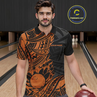 Custom Black And Orange Maori Style Koru Spiral Tribal Men Bowling Polo Team Shirt IPHW10958