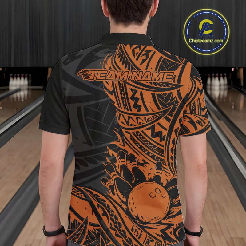 Custom Black And Orange Maori Style Koru Spiral Tribal Men Bowling Polo Team Shirt IPHW10958