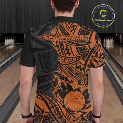Custom Black And Orange Maori Style Koru Spiral Tribal Men Bowling Polo Team Shirt IPHW10958