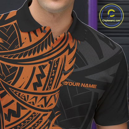Custom Black And Orange Maori Style Koru Spiral Tribal Men Bowling Polo Team Shirt IPHW10958