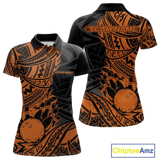 Custom Black And Orange Maori Style Koru Spiral Tribal Women Bowling Polo Team Shirt IPHW10958