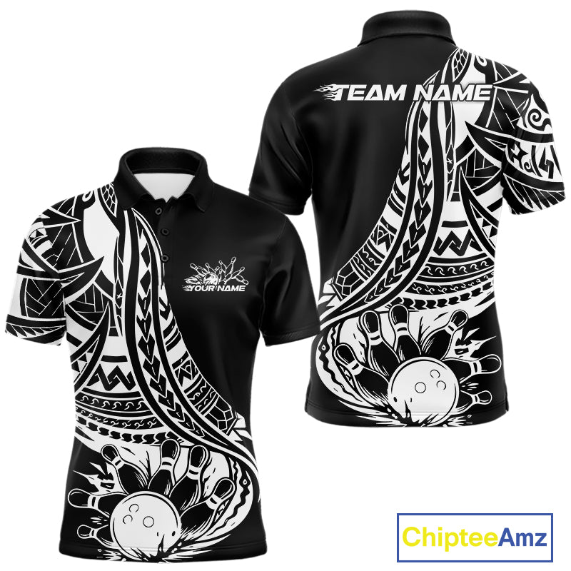 Custom Black And White Maori Style Koru Spiral Tribal Men Bowling Polo Team Shirt IPHW10960