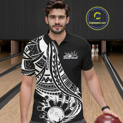 Man wearing a black and white patterned polo shirt in a bowling alley.