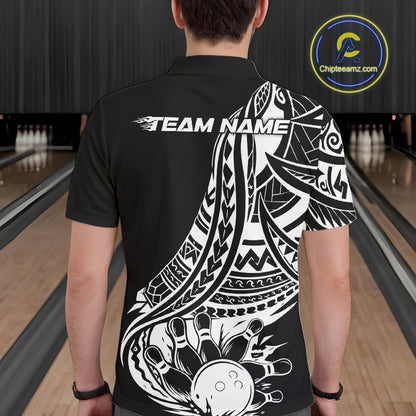 Custom Black And White Maori Style Koru Spiral Tribal Men Bowling Polo Team Shirt IPHW10960