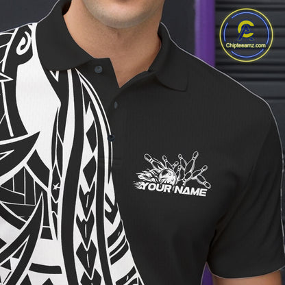 Custom Black And White Maori Style Koru Spiral Tribal Men Bowling Polo Team Shirt IPHW10960