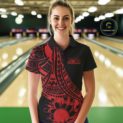 Woman wearing a black and red tribal patterned bowling polo shirt in a bowling alley.