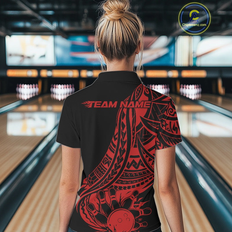 Custom Black And Red Maori Style Koru Spiral Tribal Women Bowling Polo Team Shirt IPHW10961