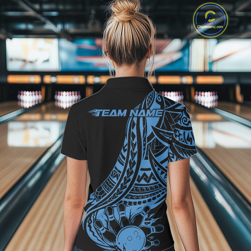 Custom Black And Blue Maori Style Koru Spiral Tribal Women Bowling Polo Team Shirt IPHW10962