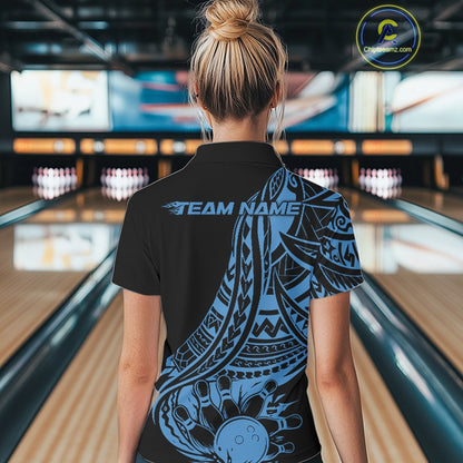 Custom Black And Blue Maori Style Koru Spiral Tribal Women Bowling Polo Team Shirt IPHW10962