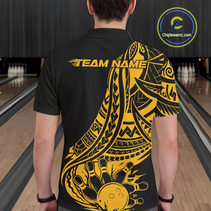 Custom Black And Yellow Maori Style Koru Spiral Tribal Men Bowling Polo Team Shirt IPHW10963