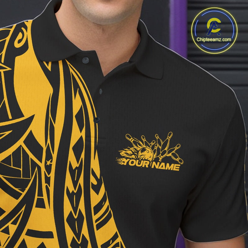 Black polo shirt with yellow tribal design and 'Your Name' embroidery on a dark background