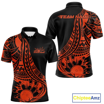Custom Black And Orange Maori Style Koru Spiral Tribal Men Bowling Polo Team Shirt IPHW10964