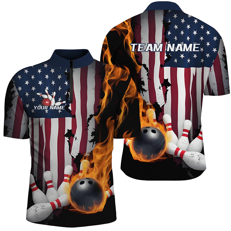 Flaming Bowling Ball Custom Patriotic Bowling Team Shirts For Men, US Flag Bowling League Shirt IPHW7726
