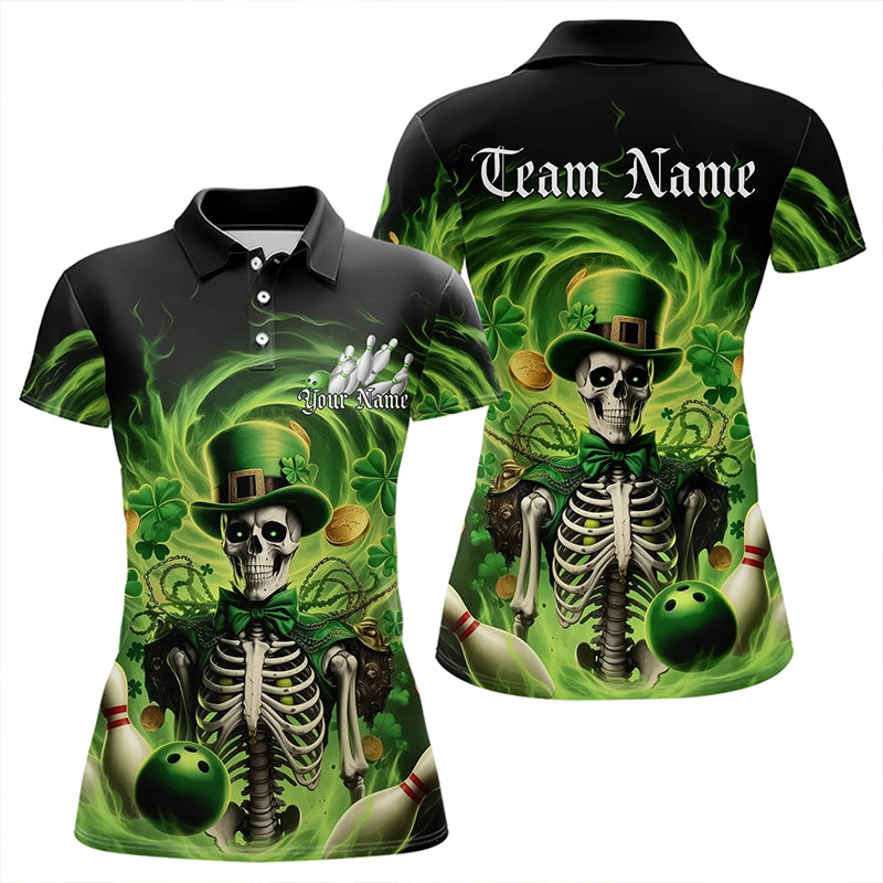 Custom Green St Patricks Day Skull Bowling Polo Shirts For Women, Shamrock Bowling Shirt IPHW8376
