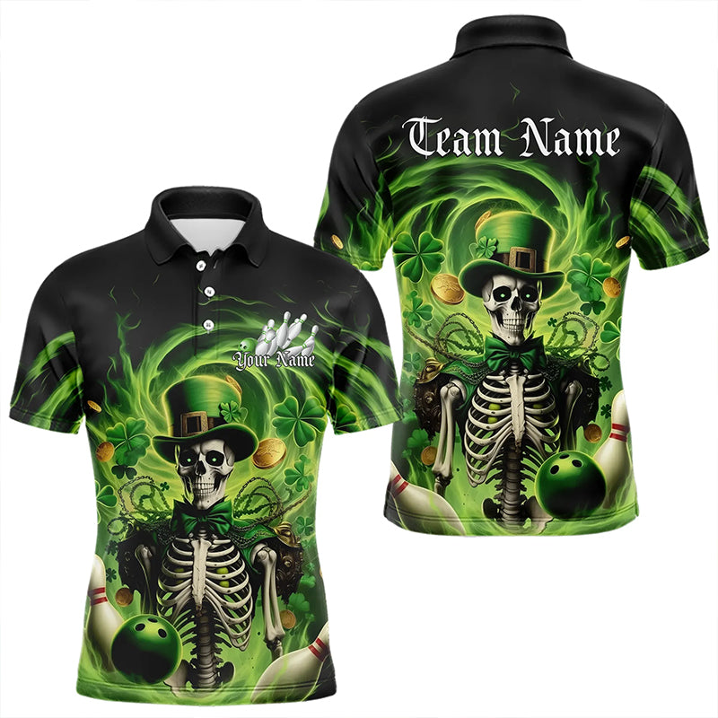 Custom Green St Patricks Day Skull Bowling Polo Shirts For Men, Shamrock Bowling Shirt IPHW8376