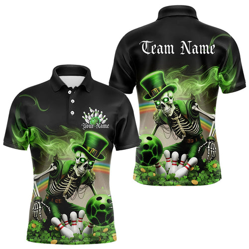 Custom Green Flame Skull Saint Patrick Day Bowling Polo Shirts For Men, Shamrock Bowling IPHW8379