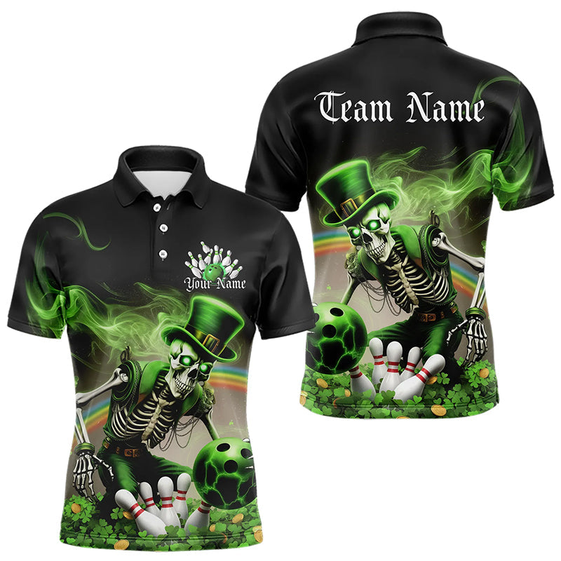 Custom Green Flame Skull Saint Patrick Day Bowling Polo Shirts For Men, Shamrock Bowling IPHW8379