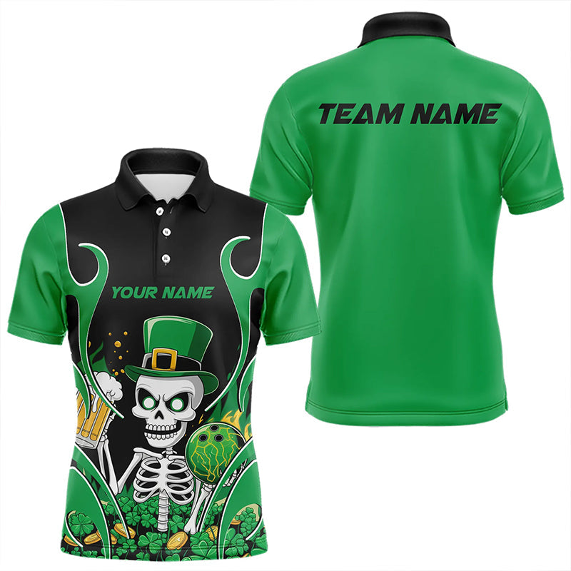 Custom Green St Patricks Day Funny Skull Drink Beer Bowling Polo Shirts For Men IPHW8381