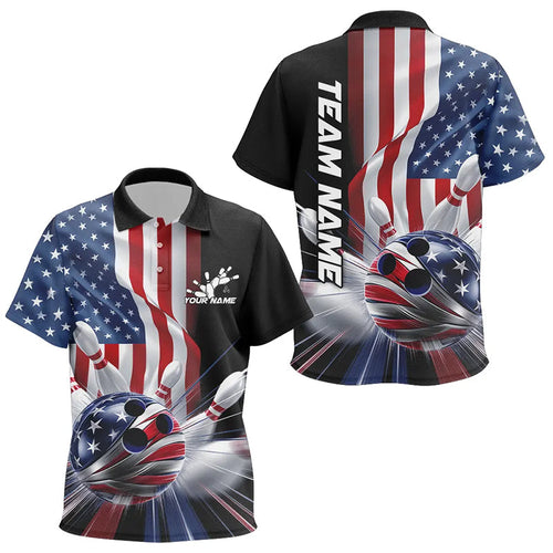 Custom US Flag Bowling League Shirts, Patriotic Bowling Team Polo Shirts For Kid IPHW8384