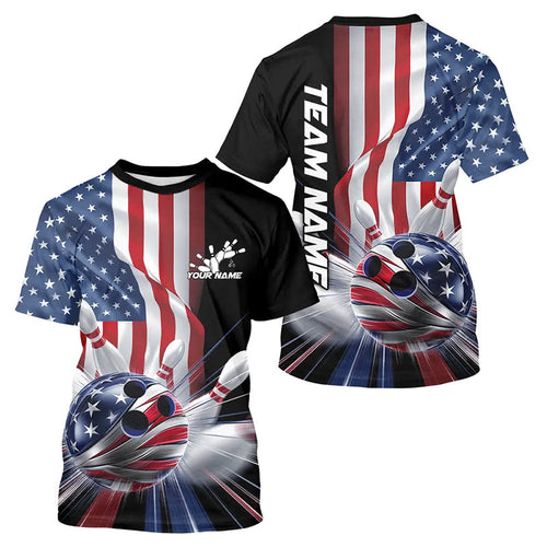 Custom US Flag Bowling League, Patriotic Bowling Team T-Shirts For Men IPHW8384