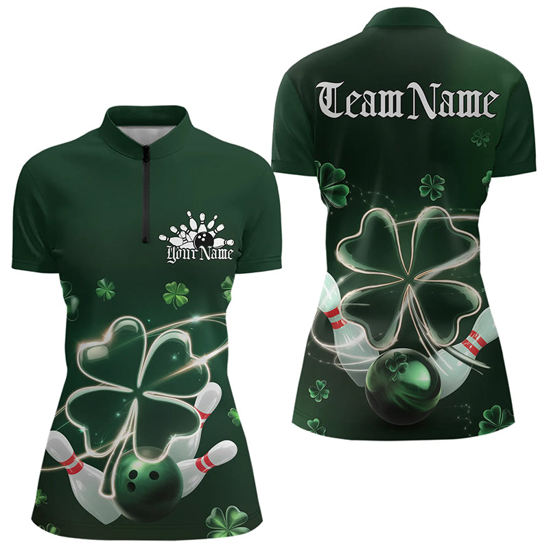 Custom Green Shamprock Saint Patricks Bowling Womens Quarter-Zip Shirt, Lucky Bowling Shirt IPHW8572
