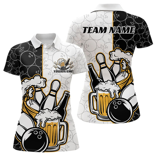 Custom Funny Bowling And Beer Team Bowling Polo Shirts For Women, Bowling Pattern Shirt IPHW8891