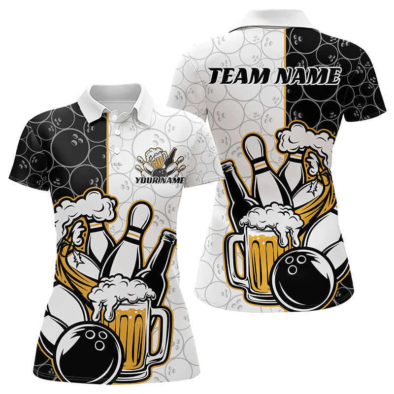 Custom Funny Bowling And Beer Team Bowling Polo Shirts For Women, Bowling Pattern Shirt IPHW8891