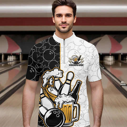 Custom Funny Bowling And Beer Team Bowling Quarter-Zip Shirts For Men, Bowling Pattern Shirt IPHW8891