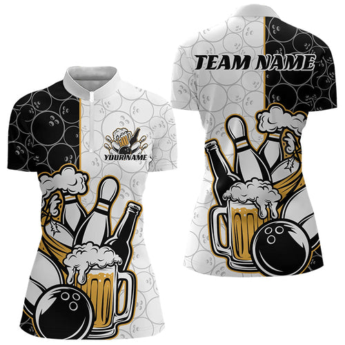 Custom Funny Bowling And Beer Team Bowling Women Quarter-Zip Shirts, Bowling Pattern Shirt IPHW8891