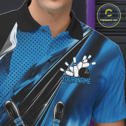 Left chest close-up of a black and blue bowling polo shirt featuring dynamic bowling artwork and speed accents.
