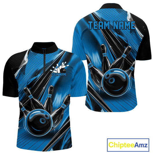 Front and back views of a black and blue mens bowling quarter-zip shirt featuring a bowling ball striking pins with speed streak effects.