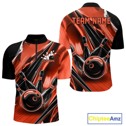 Front and back views of a black and orange mens bowling quarter-zip shirt showcasing bowling strike artwork with speed streak accents.