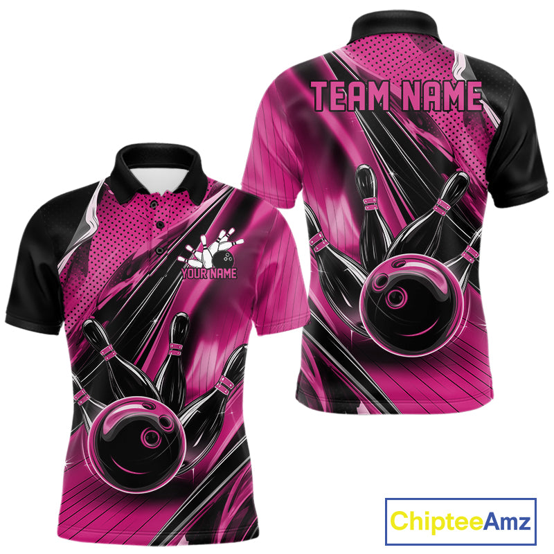 Front and back views of a black and pink mens bowling polo shirt showcasing a bowling ball striking pins with dynamic speed streak graphics.