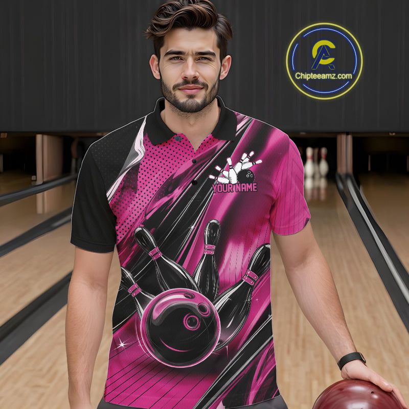 Male model wearing a black and pink bowling polo shirt at the bowling lane with energetic bowling strike artwork.
