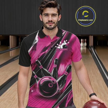 Male model wearing a black and pink bowling polo shirt at the bowling lane with energetic bowling strike artwork.