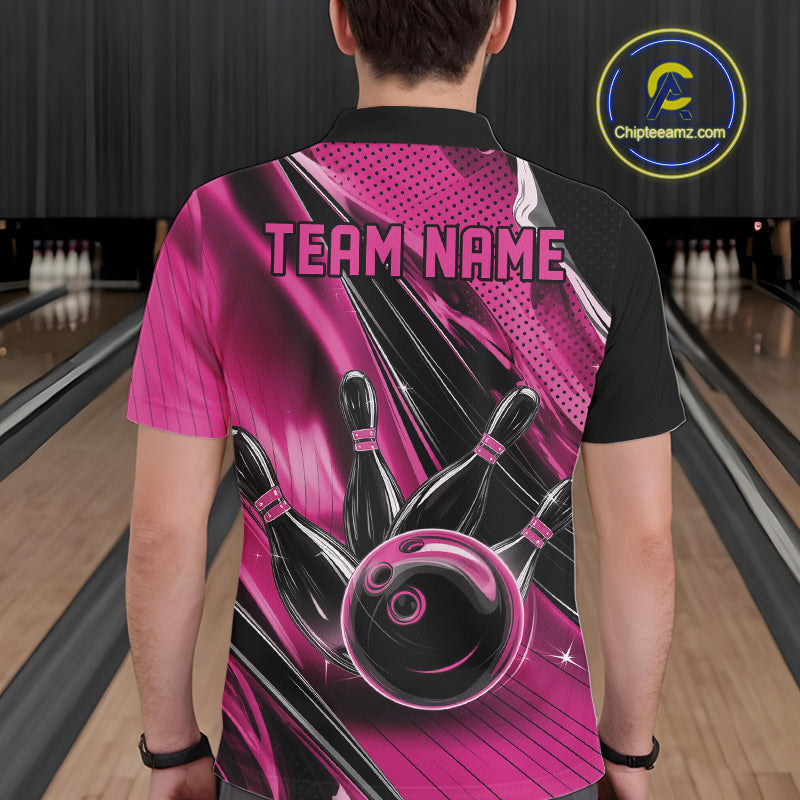 Back view of a male model in a black and pink bowling polo shirt displaying fast-moving bowling graphics with speed streak accents.