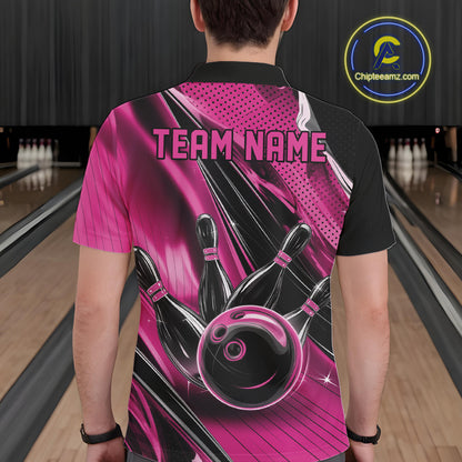 Back view of a male model in a black and pink bowling polo shirt displaying fast-moving bowling graphics with speed streak accents.
