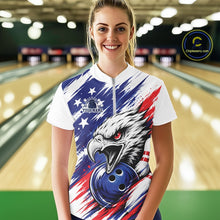 Load image into Gallery viewer, Woman wearing a custom bowling shirt with an eagle design in a bowling alley.