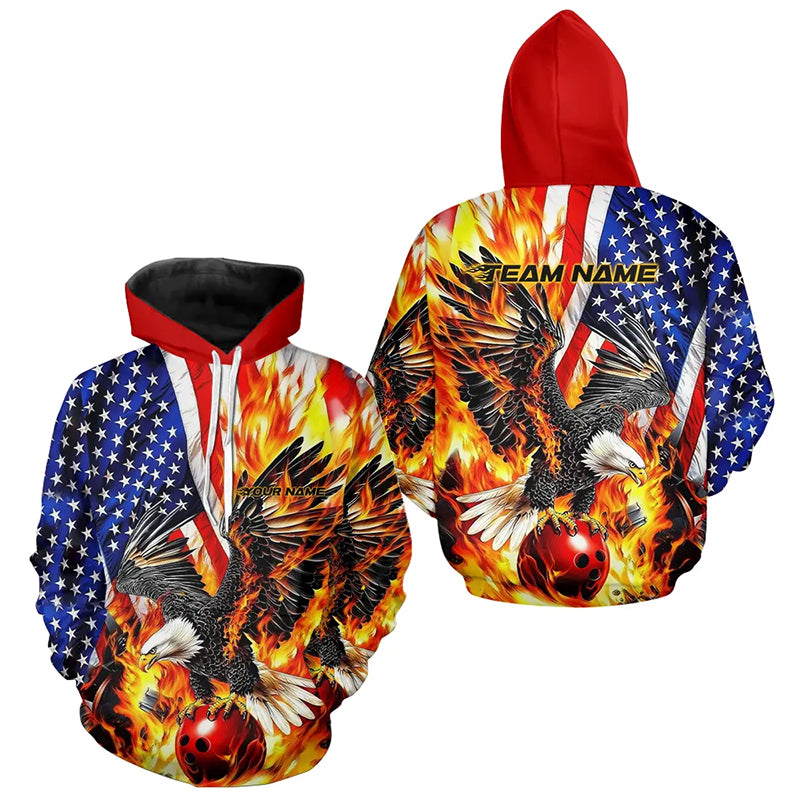 Custom Patriotic Eagle Bowling Men And Women Hoodie Shirt, Fire Flame US Flag Bowling League Shirt IPHW7728
