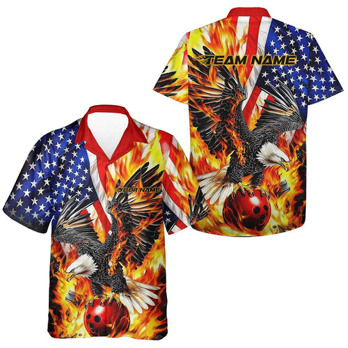 Custom Patriotic Eagle Bowling Men And Women Hawaiian Shirt, Fire Flame US Flag Bowling League Shirt IPHW7728