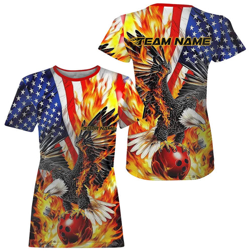 Custom Patriotic Eagle Bowling Women T-Shirts, Fire Flame US Flag Bowling League IPHW7728