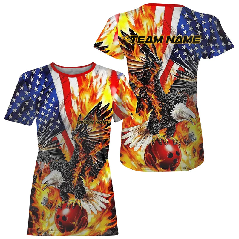 Custom Patriotic Eagle Bowling Women T-Shirts, Fire Flame US Flag Bowling League IPHW7728