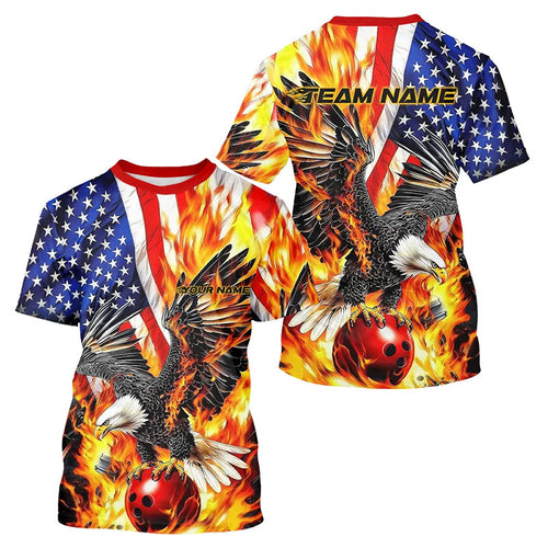 Custom Patriotic Eagle Bowling Men T-Shirts, Fire Flame US Flag Bowling League IPHW7728