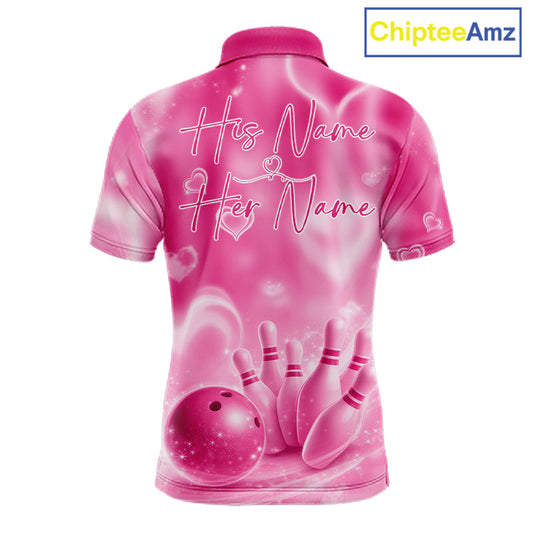 Custom Pink Valentine Bowling Couple Shirts, Pink Heart Theme Bowling Jerseys With His Name And Her Name IPHW10472