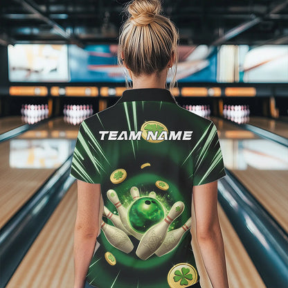 Custom Lucky Strike St Patricks Bowling Womens Quarter-Zip Team Shirts, Green Bowling Shirt IPHW8583