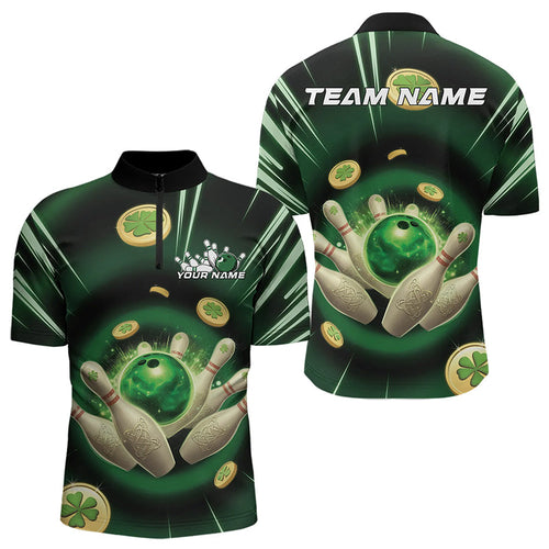 Custom Lucky Strike Saint Patricks Bowling Quarter-Zip Team Shirts For Men, Green Bowling Shirt IPHW8583