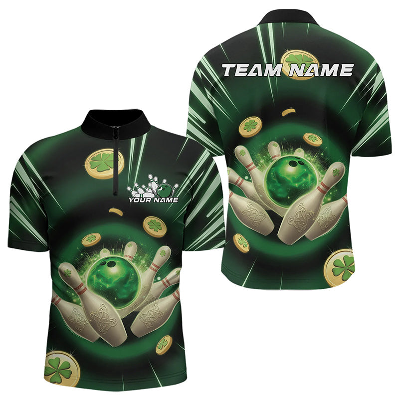 Custom Lucky Strike Saint Patricks Bowling Quarter-Zip Team Shirts For Men, Green Bowling Shirt IPHW8583