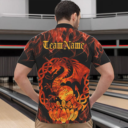 Custom Fire Flame Viking Dragon Bowling Quarter-Zip Team Shirts For Men, Celtic Bowling Shirts IPHW8587