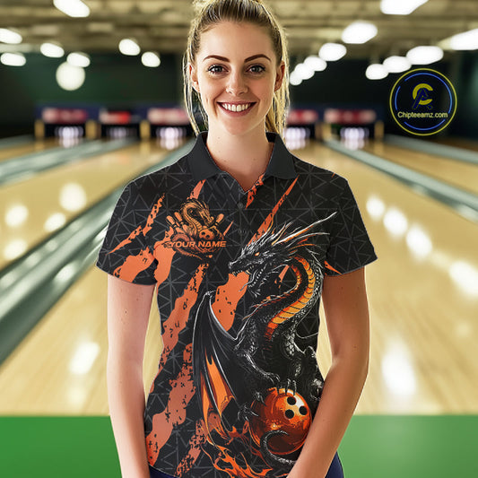 Custom Black And Orange Dragon Bowling Women Polo Shirts, Team Bowling Jerseys IPHW10748