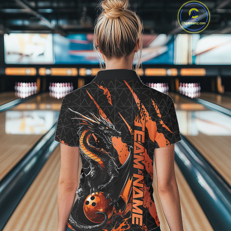Custom Black And Orange Dragon Bowling Women Polo Shirts, Team Bowling Jerseys IPHW10748